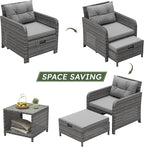 LHBcraft Balcony Furniture 5 Piece Patio Chairs Conversation Set, PE Wicker Rattan Outdoor Lounge Chairs with Soft Cushions 2 Ottoman-Glass Table for Porch, Charcoal