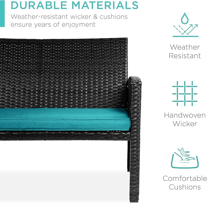 Conversation Set, 4-Piece Outdoor Wicker Patio with Coffee Table, Black/Teal