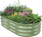 Galvanized Raised Garden Bed Outdoor - 4×2×1ft Planter Raised Beds for Gardening | Oval Metal Garden Planter Box with Safety Edging and Gloves for Vegetables Fruits and Flowers OliveGreen