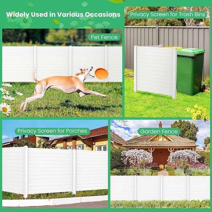 Decorative Fence 2 Panels, White PVC Privacy Screen with 3 Stakes