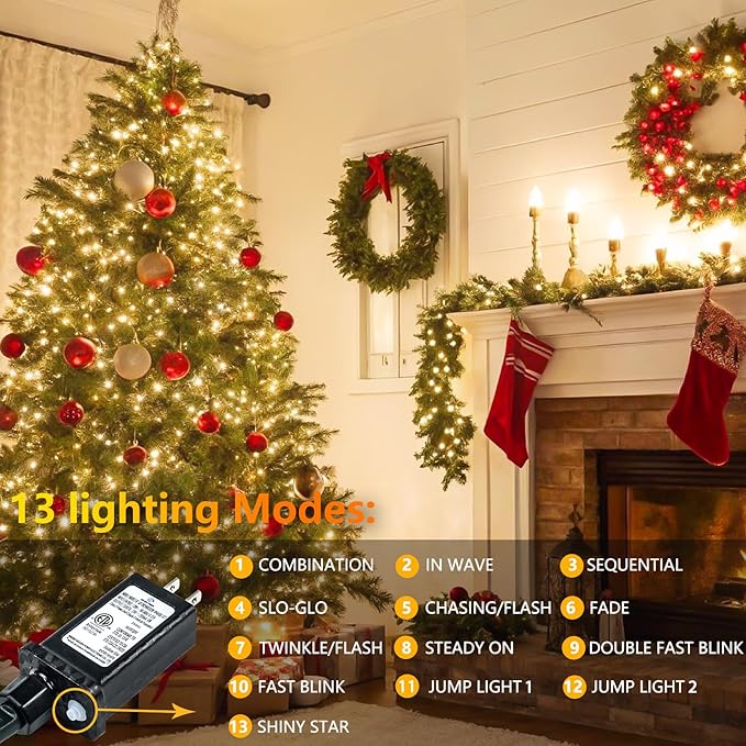 Christmas Lights Indoor Outdoor, Clear Wire 66Ft 200 LED String Lights for Bedroom, 13 Modes Twinkle Fairy String Lights for Xmas Tree Wedding Party Bedroom Garden Decorations (Warm White)