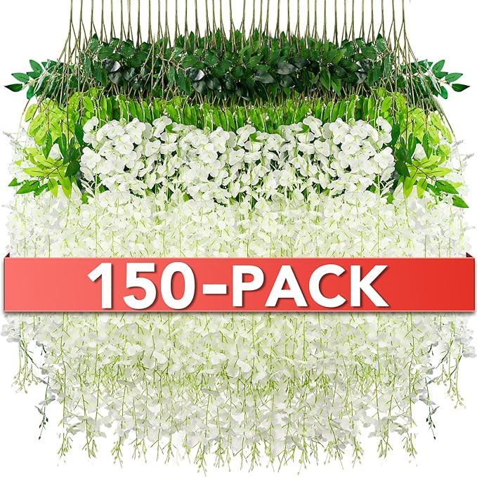 Artificial Wisteria Flower Vines, 150 Pack, White Silk Hanging Flowers