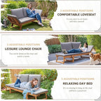 Devoko Outdoor Couch Acacia Wood Patio Couch with Adjustable Armrests, Outdoor Convertible Sofa with Removable Cushions & Pillows for Patio, Porch, Poolside(Grey)