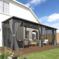 AECOJOY 20'x10' Outdoor Hardtop Metal Gazebo with Curtains and Netting for Patio, Large 10x20 Lean to Heavy Duty Wall Mounted Pergolas and Grill Gazebos Clearance, Patio Steel Roof Awnings for Decks
