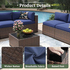 Aoxun 15 Piece Patio Furniture Set with 44” Fire Pit Table Wicker Rattan Outdoor Sectional Sofa Set with Coffee Table and Thickened Cushions, Blue (Waterproof Cover Included)