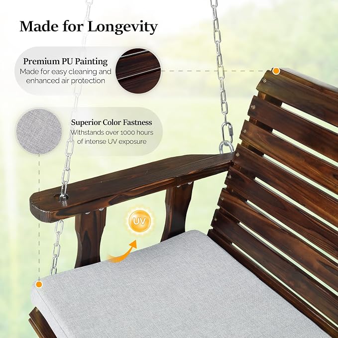 Porch Swing in Rustic Wood with 880 lb Capacity and Adjustable Tilt