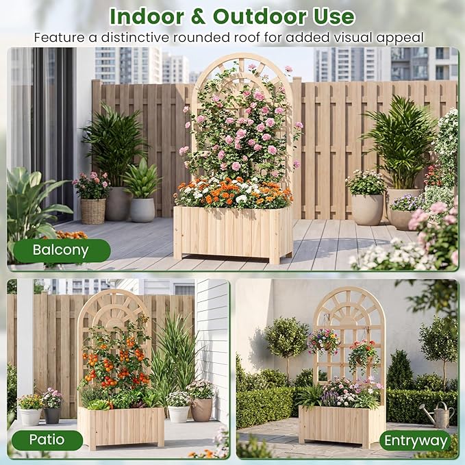 Giantex Wooden Raised Garden Bed with Arched Trellis Set 2, 48” Fir Wood Outdoor Elevated Planter Box Privacy Screen w/Drainage Hole, Vertical Garden Bed for Climbing Plants, Patio Balcony Backyard