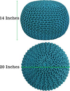 COTTON CRAFT Round Pouf - Hand Knitted Cotton Braid Cord Cable Dori Floor Pouf - Foot Stool - Ottoman Footrest Accent Seat Furniture Bean Bag - Living Room Kids Room Nursery Dorm Décor - 20x14 - Teal