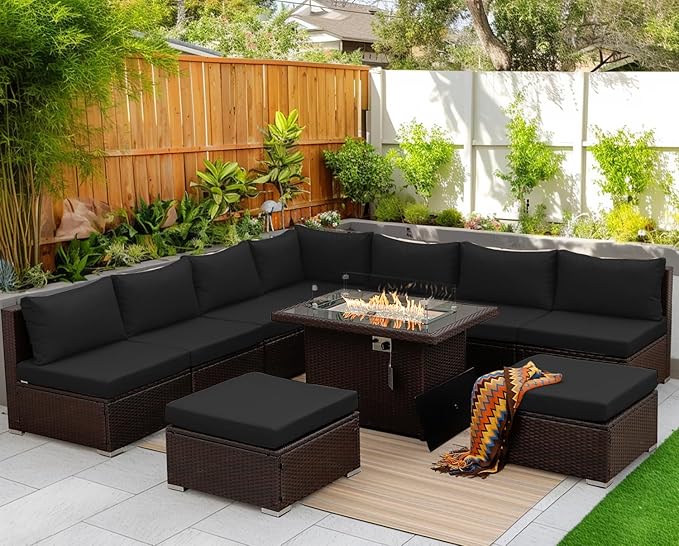NICESOUL Outdoor Patio Furniture Set with Fire Pit Natural Gas/Propane, 29.3'' High-Back XL Large Conversations for Exteriors, 9-Seater Wide Deep Seating Rattan Sectional Sets, Brown and Black