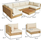 Outsunny 7 Piece Wicker Patio Furniture Set, Modular Outdoor Sectional with Thickened Cushions, Rattan Outdoor Furniture Conversation Set with Slatted Acacia Wood Table for Backyard, Khaki/Beige