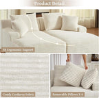 80" Double Chaise Lounge Chair Indoor, Oversized Boneless Couch Comfy Upholstered Sleeper Sofa Bed with 4 Pillows, Corduroy Cloud Loveseat Chair for Living Room No Assembly Required, White