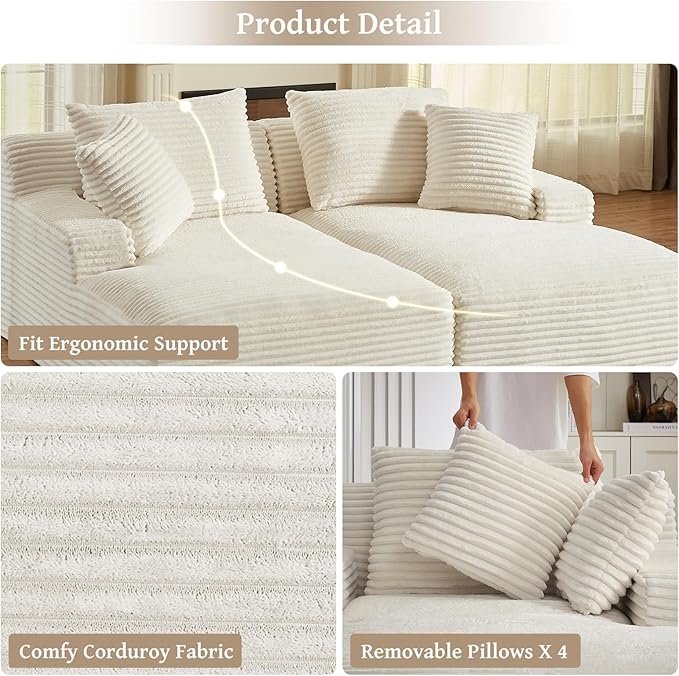 80" Double Chaise Lounge Chair Indoor, Oversized Boneless Couch Comfy Upholstered Sleeper Sofa Bed with 4 Pillows, Corduroy Cloud Loveseat Chair for Living Room No Assembly Required, White