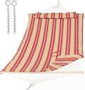SUNCREAT Two Person Rope Hammock with Pad, Hanging Tree Double Hammock with Large Pillow, Hardwood Spreader Bar, Red Stripe