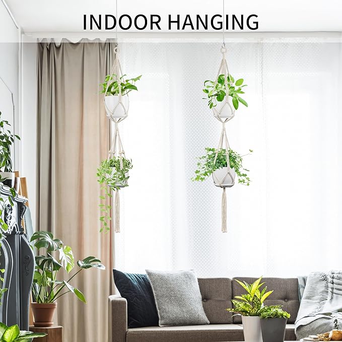 Macrame Plant Hanger - Fits 4 to 8 inches Pots for Indoor Outdoor, 49 Inch, Set of 2, Ivory (POTS NOT Included)