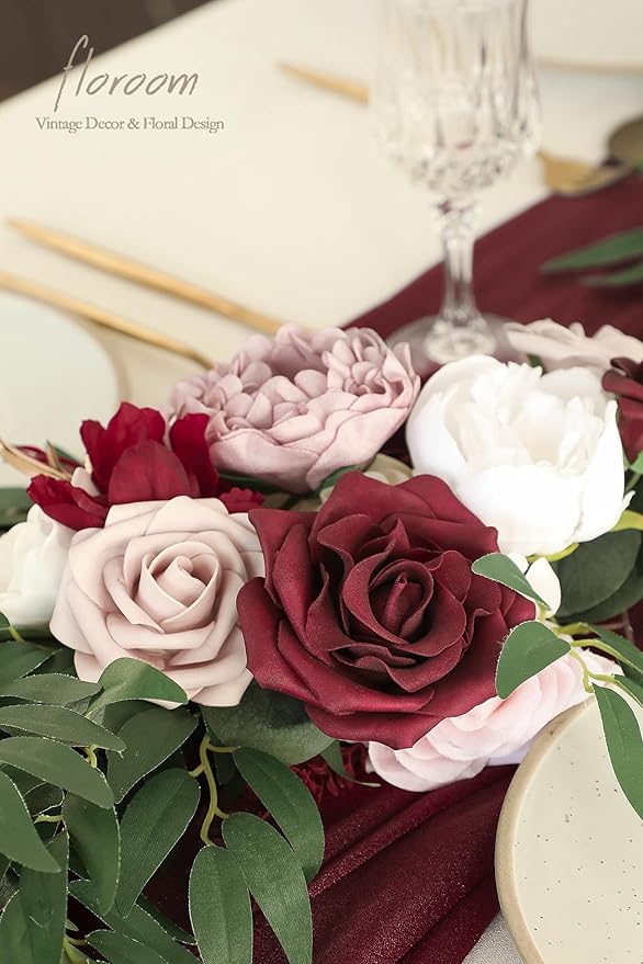 Artificial Eucalyptus Garland, 6 ft Burgundy and White Faux Silk Vine