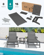 SERWALL Patio Chaise Lounge Chair Set of 4, 5 Positions Adjustable Poly Outdoor Lounger for Pool, HDPE Lounge Chair with Rolling Wheels & Cup Holder for Poolside, Deck, Slate Gray