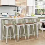 WENTMENT Bar Stools Set of 4, Industrial Style, Metal Frame, Distressed White, Wooden Seat, 24" H x 12.2" W x 15.6" D, 330 lbs Max Weight, Counter Height