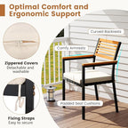 Tangkula 7 Piece Patio Dining Set, Outdoor Acacia Wood Cushioned Chairs and 51”-64” Expandable Rectangular Table Set, with Umbrella Hole, 6 Stackable Armchairs, for Poolside Garden (Off White)