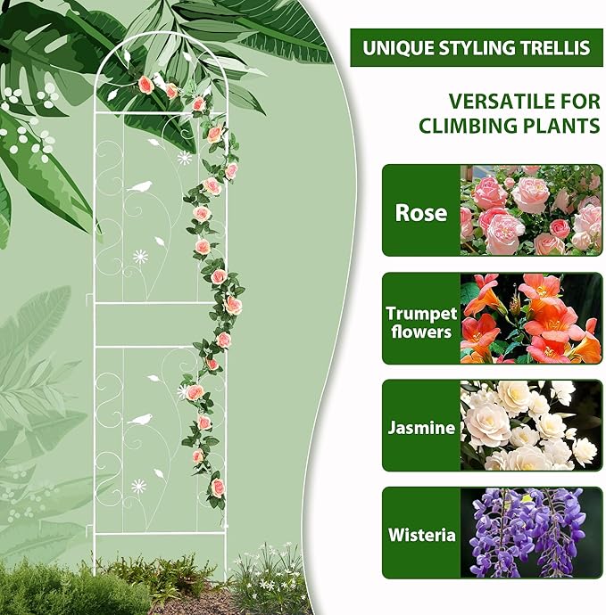 Metal Garden Trellis for Climbing Plants, 86.5" x 19.7" Metal Plant Trellis Outdoor, White Iron Garden Trellis, Clematis Rrellis Outdoor, Arched Decoration Suitable for courtyards, lawns, Gard, White