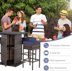 Tangkula 5 Piece Outdoor Rattan Bar Set, Patio Bar Furniture with 4 Cushions Stools and Smooth Top Table with Hidden Storage Shelf, Outdoor Conversation Set for Poolside, Backyard, Lawn (Navy Blue)