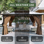 Aoxun 12'x10' Hardtop Gazebo, Aluminum Frame Permanent Pavilion with Curtains and Netting, Outdoor Polycarbonate Double Roof Canopy, Designed for Garden, Lawns, Patio, Brown