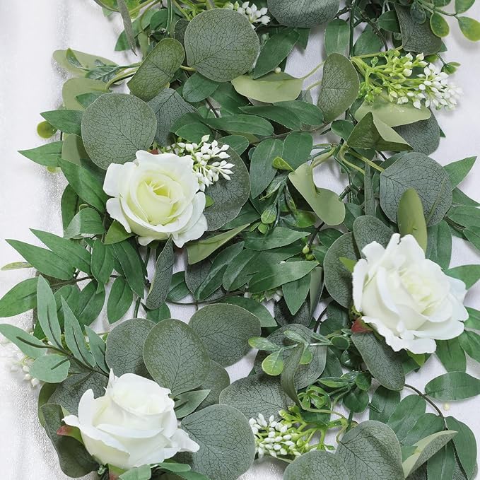 Artificial Eucalyptus Garland 2 Pack, 6.5 Ft Each, White Roses
