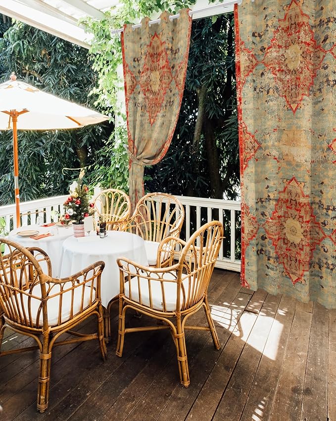 Boho Outdoor Curtains for Patio Waterproof, Grommet Privacy Curtain Drapes Weatherproof Outside Curtains for Porch GazeboPergola Cabana 2 Panel 54x95inch Rustic Bohemian Floral Tribal Orange