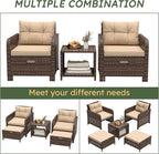 LHBcraft Balcony Furniture 5 Piece Wicker Patio Furniture Set, Outdoor Hand-Woven Rattan Lounge Chairs with Tempered Glass Coffee Table, Ottomans & Soft Cushions for Front Porch, Garden, Brown