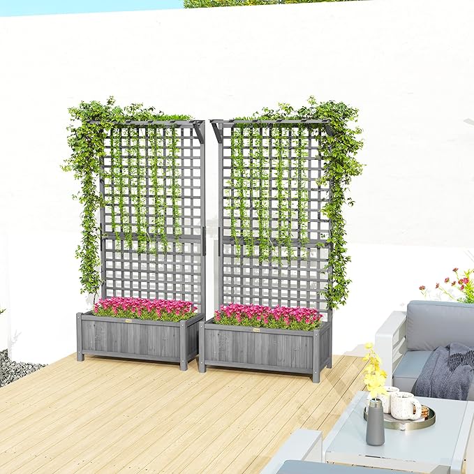 Outsunny Wood Planter with Trellis, Raised Garden Bed for Climbing Plants w/Drainage Holes and Roof, 35.5" x 17.75" x 72", Pack of 2, Dark Gray