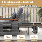 Tangkula Patio Rattan Daybed with 4-Level Adjustable Backrest, Outdoor Wicker Loveseat with Acacia Wood Armrest, Storage Ottoman & Folding Tray, Double Sunbed for Balcony, Backyard & Poolside (Grey)