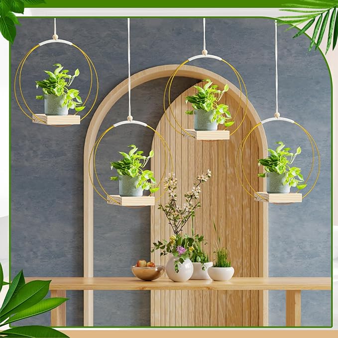 Geelin 4 Pack Plant Hanger with Wood Base Hanging Window Planter Boho Macrame Hanging Potted Plant Holders for Indoor Outdoor Window Wall Ceiling Home Decoration, Pot & Sapling Not Included(Gold)