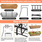 Riare 4 Pack 23 Inch Window Boxes Planters with Coco Liner, Metal Deck Railing Planter Boxes, Balcony Planters Railing Hanging, Horse Trough Window Flower Planter Boxes for Outdoor Porch Fence Patio