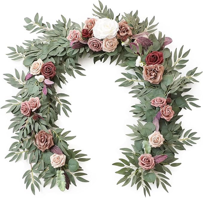 Artificial Flowers Garland, 6ft Eucalyptus Willow Vine in Dusty Rose