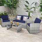 4-Piece Patio Furniture Set, Wicker Outdoor Rattan Sectional Sofa with Cushions and Glass Table, All-Weather Outdoor Conversation Set, Ideal for Garden, Porch, Backyard, Navy