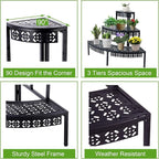 aboxoo 3 Tier Plant Stand Flower Pot Rack, Metal Stair-Step Style Corner Shelf Planters, Quarter Round Display Holder for Indoor Outdoor Use(Black, Semicircle)