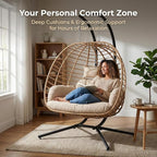 SWITTE Double Hanging Egg Chair with Stand, Outdoor Patio 2 Person Wicker Hammock Swing Chairs with Cushion Loveseat for Indoor Bedroom, Lawn, Garden-Beige