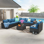 10 Pieces Patio Furniture Set All-Weather Outdoor Wicker Sectional Conversation Sofa Rattan Patio Seating Sofa with Cushion and Glass Table for Porch Poolside,Peacock Blue