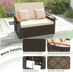 Tangkula Patio Rattan Daybed with 4-Level Adjustable Backrest, Outdoor Wicker Loveseat with Acacia Wood Armrest, Storage Ottoman & Folding Tray, Double Sunbed Lounger for Balcony, Backyard & Poolside