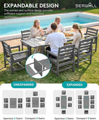 SERWALL 7-Piece Patio Dining Sets, 60" - 83" Expandable Outdoor Dining Table and 6 HDPE Chairs, All Weather HDPE Outdoor Furniture Set for Backyard, Garden, Grey