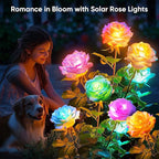 Solar Rose Lights Outdoor: 4 Pack IP65 Waterproof 7-Color Changing LED Flower Stakes for Garden Pathway Patio Lawn Decorative - Auto On Off 10H+ Lighting