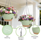 8 Inch Hanging Planters for Indoor Outdoor Plants, 4 Pack Green Brown Plastic Self Watering Hanging Baskets with Drainage Holes and Chain for Garden Porch