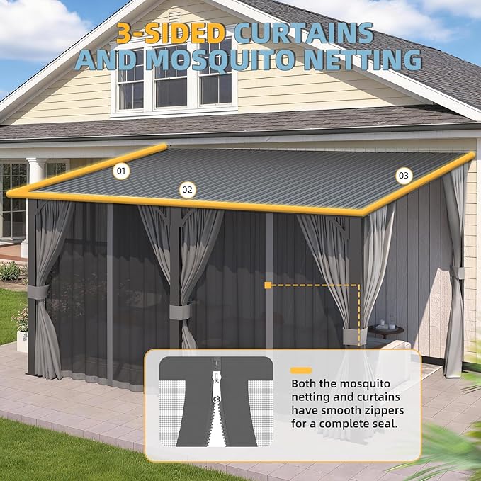 AECOJOY 20'x10' Outdoor Hardtop Metal Gazebo with Curtains and Netting for Patio, Large 10x20 Lean to Heavy Duty Wall Mounted Pergolas and Grill Gazebos Clearance, Patio Steel Roof Awnings for Decks