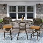 VIVIJASON 3-Piece Outdoor Swivel Bar Stools Set, All Weather Cast Aluminum Patio Bar Height Bistro Set with 2 Cushioned Bar Chairs & 38.5" High Bar Table w/Umbrella Hole for Backyard, Lawn, Garden