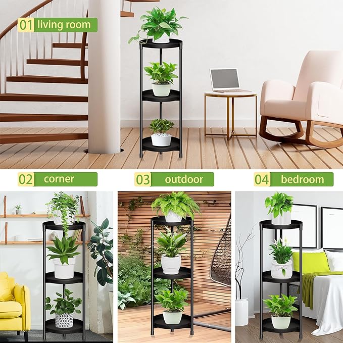 SYQ 3 Tier Plant Stand Indoor Outdoor - 34'' Extra-Tall Metal Plant Stands for Potted Plants Multiple Tiered Plant Shelf Vertical Black Iron Planter Rack Large Flower Pot Holder Table for Patio Corner