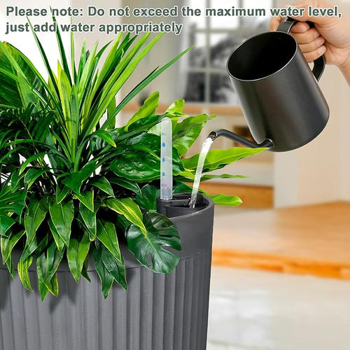 24" Large Planter Set of 2, Self Watering Tall Plastic Planters for Outdoor Plants, Modern Flower Pots Planter Outdoor for Patio, Front Door Decor, with Drainage (Gray Ribbed)