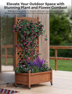 GarveeLife 1PC Wood Planter Box with Trellis - 29.5"x26"x61.5" Tall Raised Garden Bed with Wheels, Drainage Holes, Vertical Flower Stand for Patio Horticulture