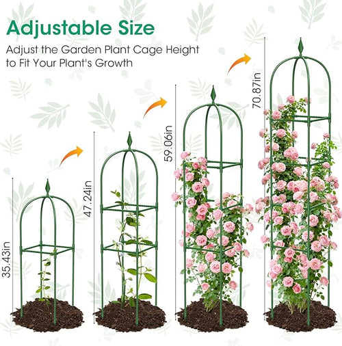 2 Pack Garden Obelisk Trellis for Climbing Plants, 71" Metal Rustproof Plant Support Rose Trellis, Tower Potted Cages for Flowers Fruits Vegetable Vines Indoor & Outdoor, Green(4 Tiers)