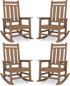 KINGYES Oversized Outdoor Rocking Chair Set of 4, All-Weather Patio Rocking Chairs for Porch, HDPE Outdoor Patio Rockers with High Back & Wide Seat for Garden, Lawn, Brown