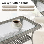VINGLI Outdoor Coffee Table with Storage Wicker Patio Coffee Table, Tempered Glass Top Coffee Table for Patio Outside Balcony Porch Deck (Grey)