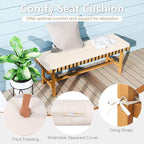 Tangkula 6 Piece Patio Dining Set for 5-6 People, 63” Outdoor Acacia Wood Table with 1.97” Umbrella Hole & Bench & 4 Cushioned Armchairs, for Deck Yard and Poolside